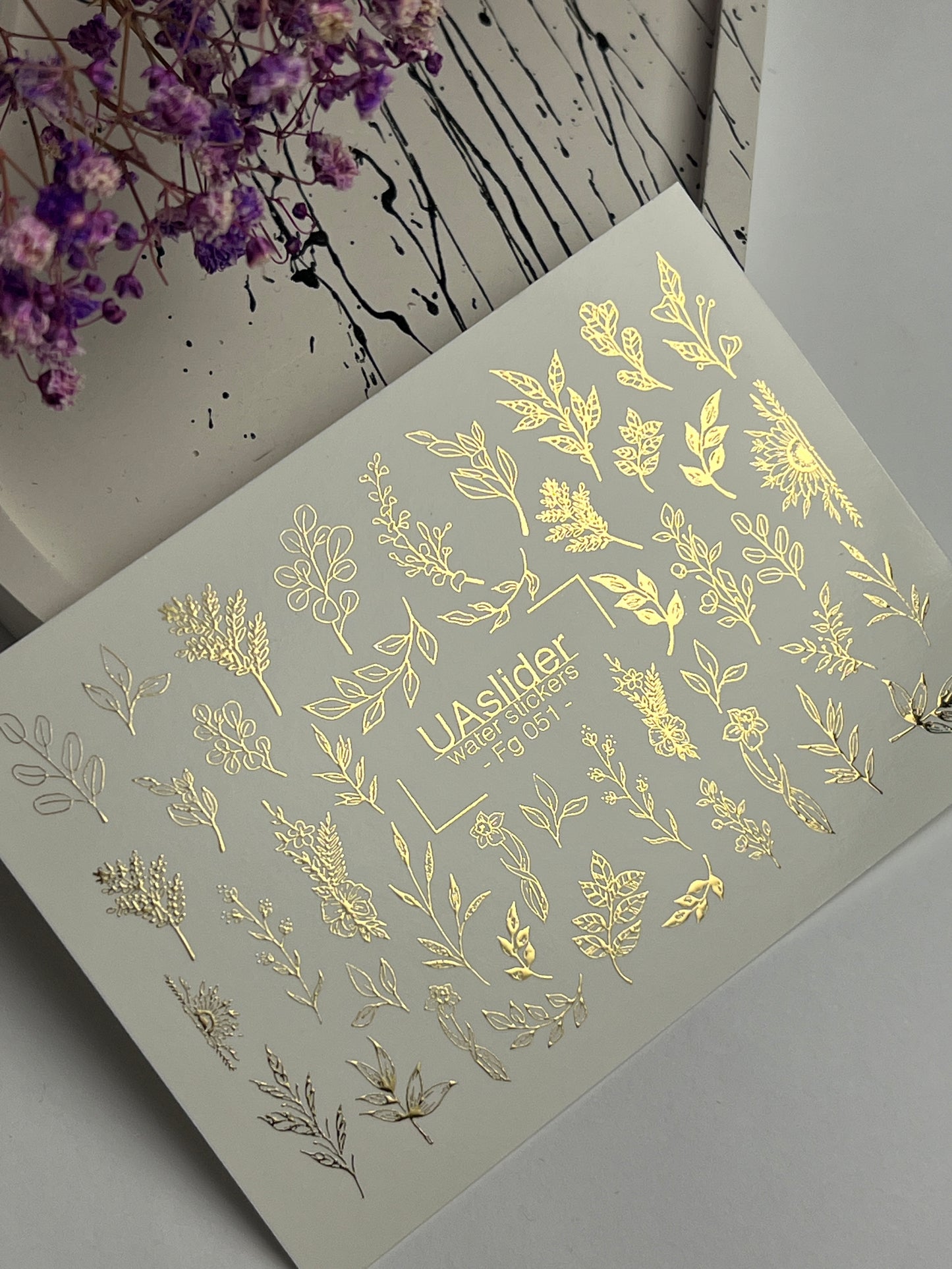 Nail Water Decal Fg-051 | Water Slide Nail Decals Gold Botanical | Floral Branches and Leaves Nail Art
