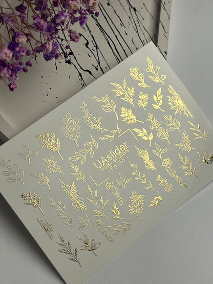 Nail Water Decal Fg-051 | Water Slide Nail Decals Gold Botanical | Floral Branches and Leaves Nail Art