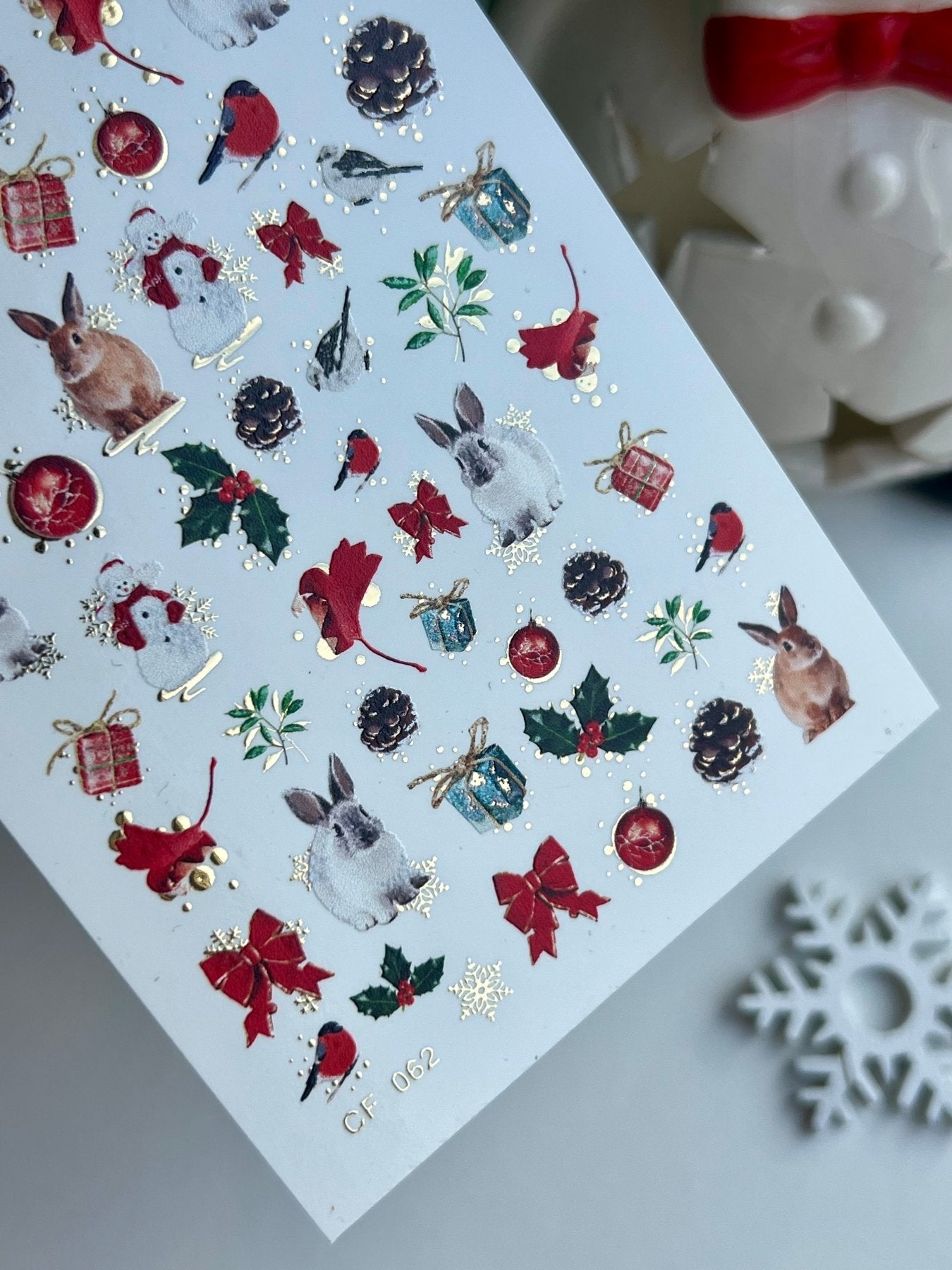 Nail Water Decal CF-062 | Christmas Nail Water Decals | Rabbits, Birds, Pinecones and Holiday Elements - UASLIDER