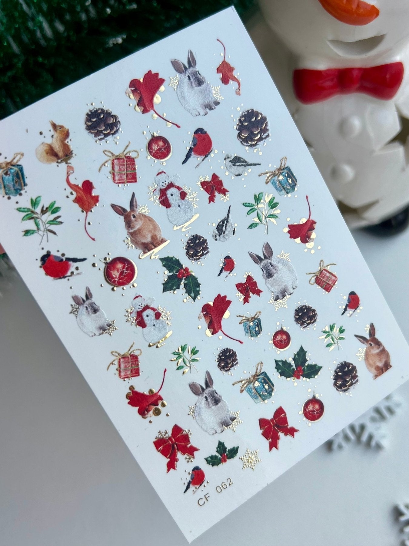 Nail Water Decal CF-062 | Christmas Nail Water Decals | Rabbits, Birds, Pinecones and Holiday Elements - UASLIDER