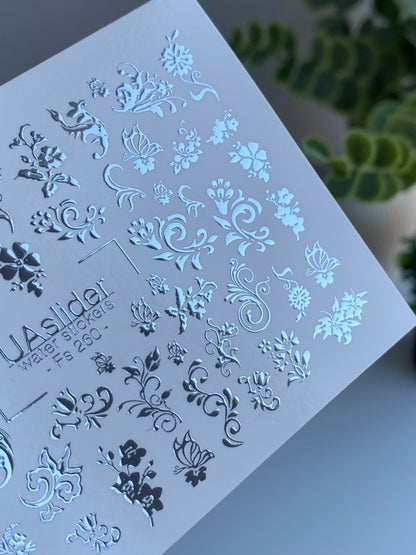 Nail Water Decal Fs-260 | Ornamental Water Slide Nail Decals | Silver Foil Floral Swirls & Patterns