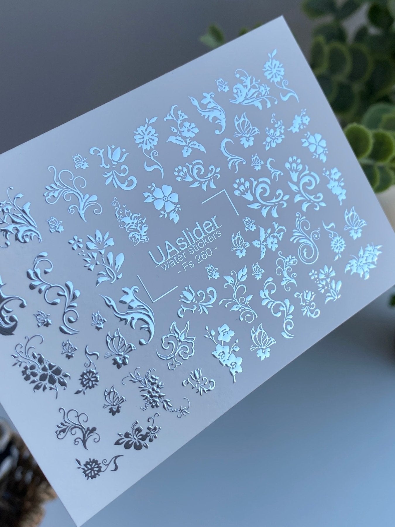 Nail Water Decal Fs-260 | Ornamental Water Slide Nail Decals | Silver Foil Floral Swirls & Patterns - UASLIDER