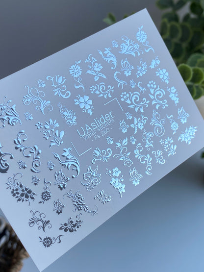 Nail Water Decal Fs-260 | Ornamental Water Slide Nail Decals | Silver Foil Floral Swirls & Patterns
