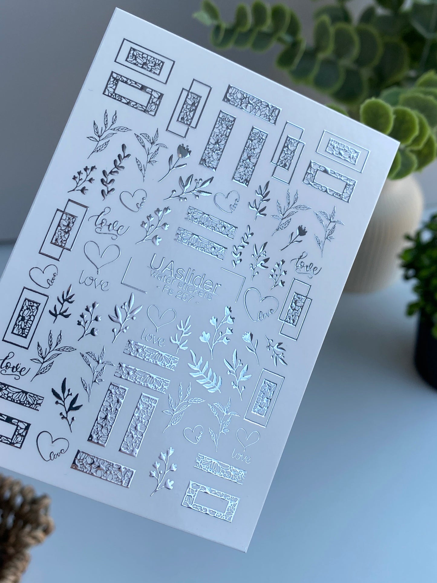 Nail Water Decal Fs-257 | Romantic Water Slide Nail Decals | Silver Foil Love, Hearts & Floral Frames