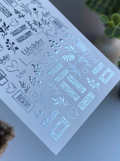 Nail Water Decal Fs-257 | Romantic Water Slide Nail Decals | Silver Foil Love, Hearts & Floral Frames