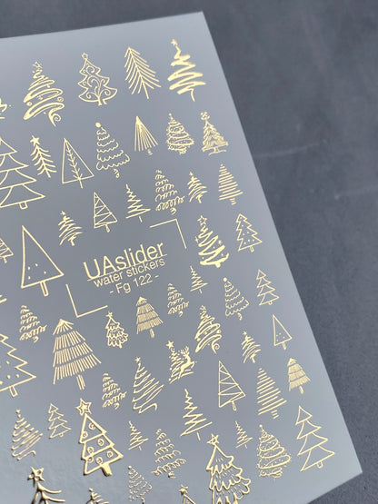 Nail Water Decal Fg-122 | Water Slide Nail Decals with Gold Christmas Trees | Festive Winter