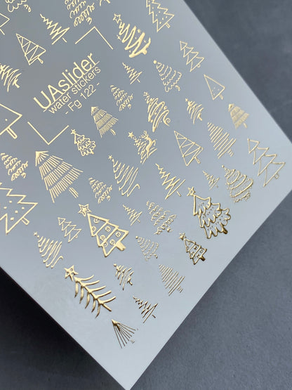 Nail Water Decal Fg-122 | Water Slide Nail Decals with Gold Christmas Trees | Festive Winter