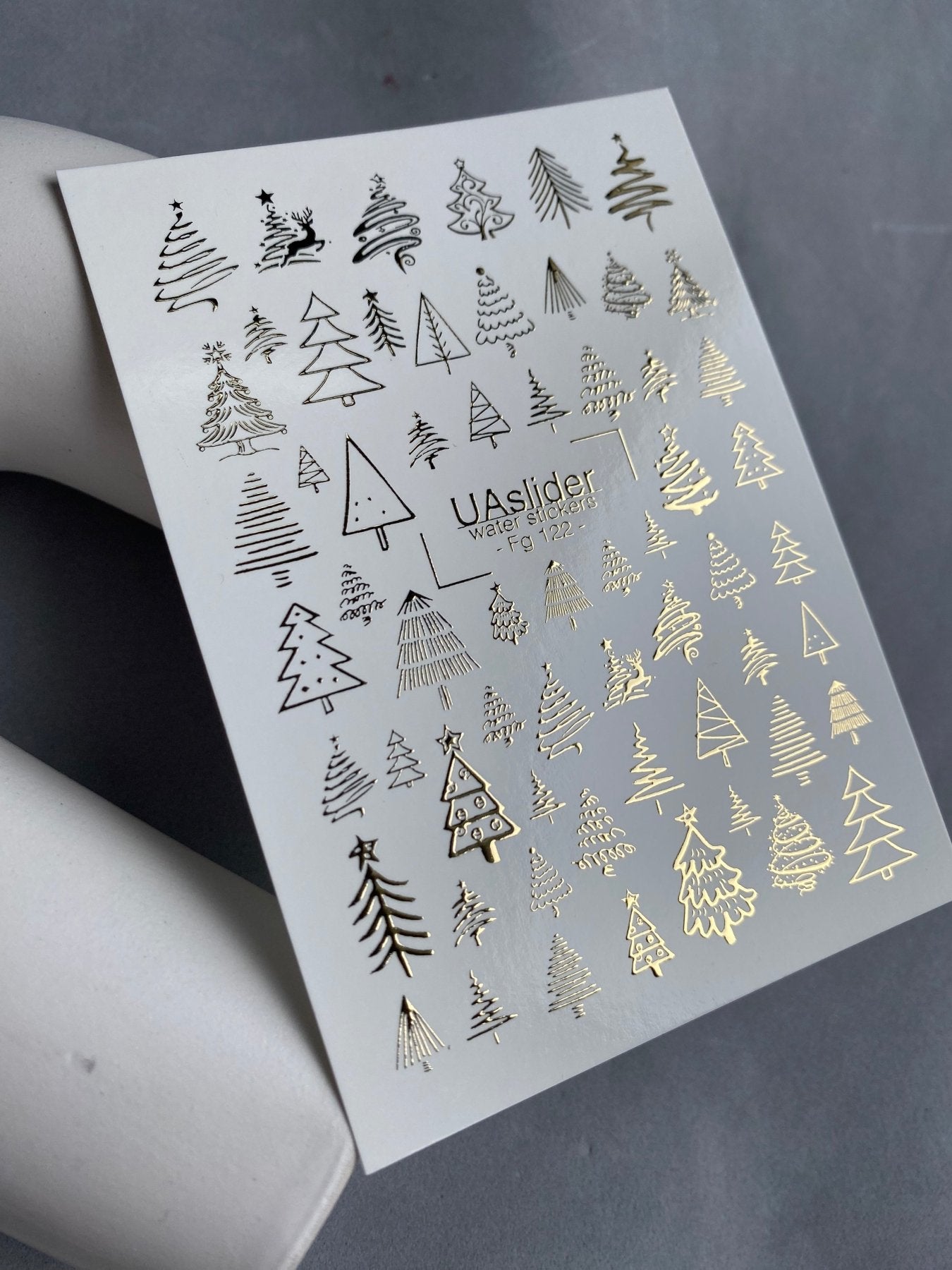 Nail Water Decal Fg-122 | Water Slide Nail Decals with Gold Christmas Trees | Festive Winter - UASLIDER