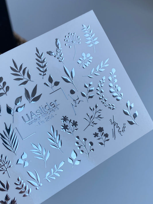 Nálepka na nehty Fs-264 | Botanické vodní nálepky na nehty | Stříbrné fóliové listy a květinové větvičky