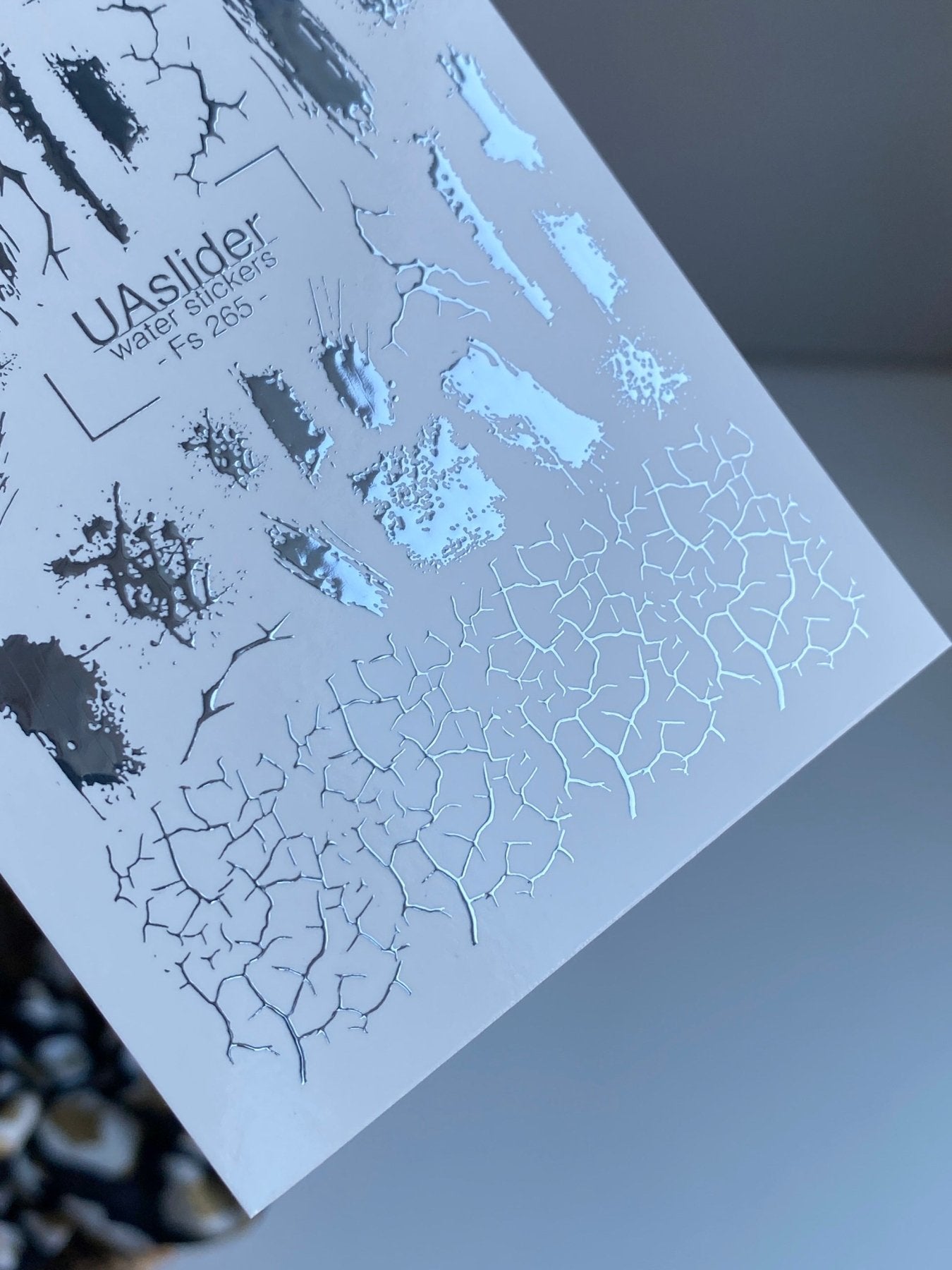 Nail Water Decal Fs-265 | Abstract Water Slide Nail Decals | Silver Foil Brush Strokes & Cracked Texture - UASLIDER