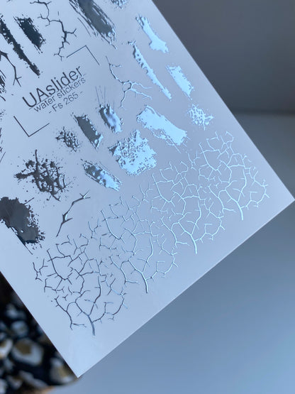 Nail Water Decal Fs-265 | Abstract Water Slide Nail Decals | Silver Foil Brush Strokes & Cracked Texture
