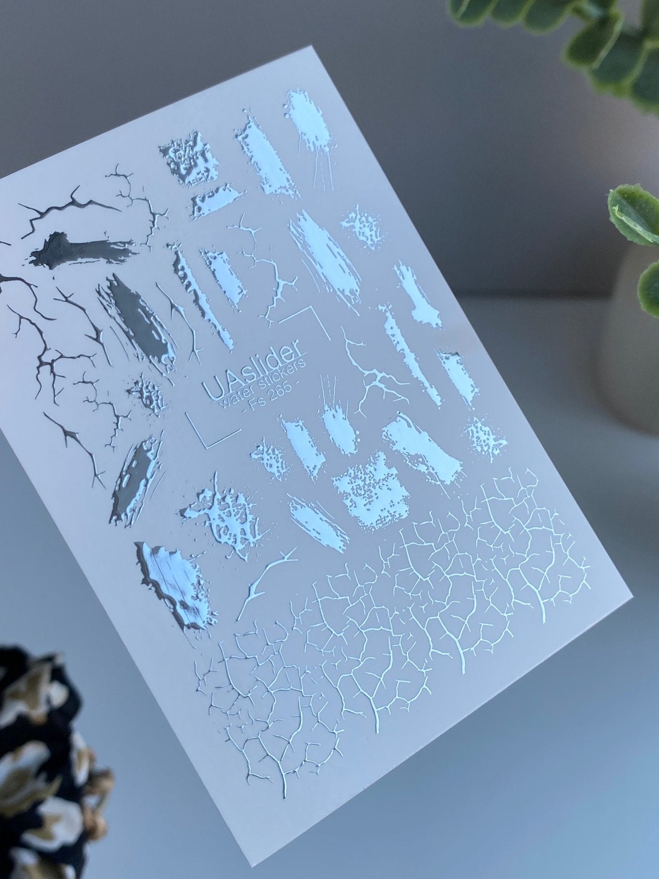 Nail Water Decal Fs-265 | Abstract Water Slide Nail Decals | Silver Foil Brush Strokes & Cracked Texture - UASLIDER