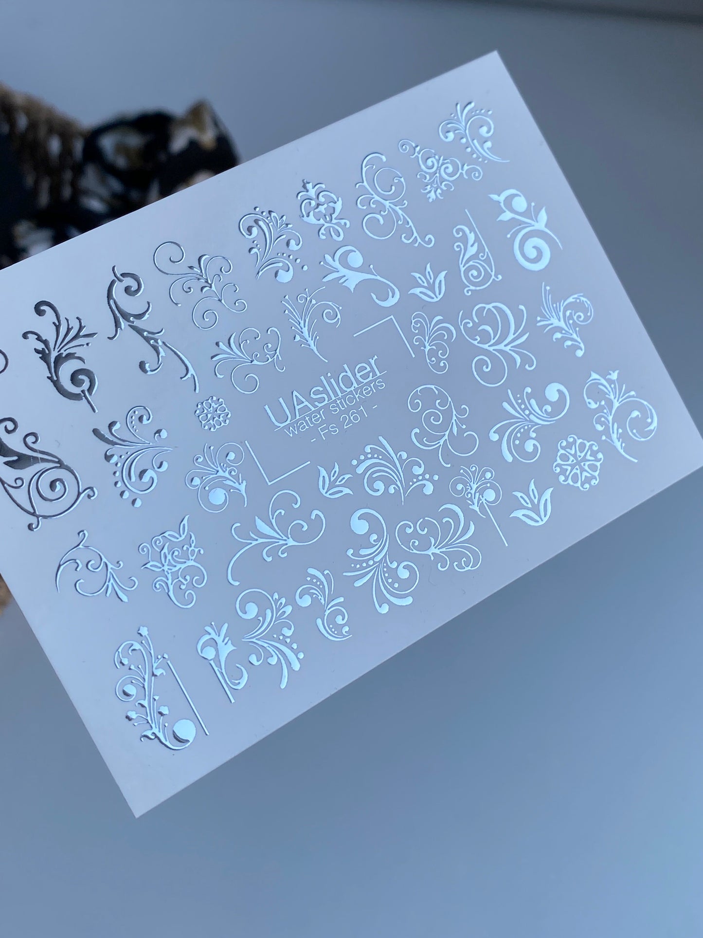 Nail Water Decal Fs-261 | Ornamental Water Slide Nail Decals | Silver Foil Vintage Swirls & Flourishes
