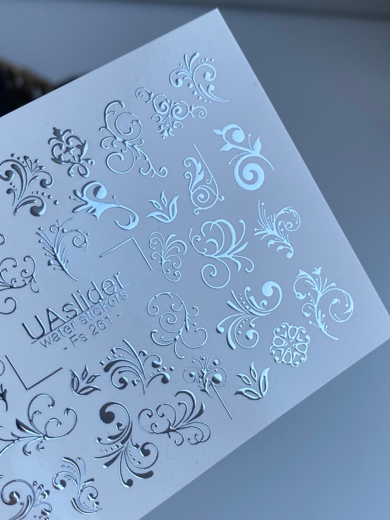 Nail Water Decal Fs-261 | Ornamental Water Slide Nail Decals | Silver Foil Vintage Swirls & Flourishes - UASLIDER