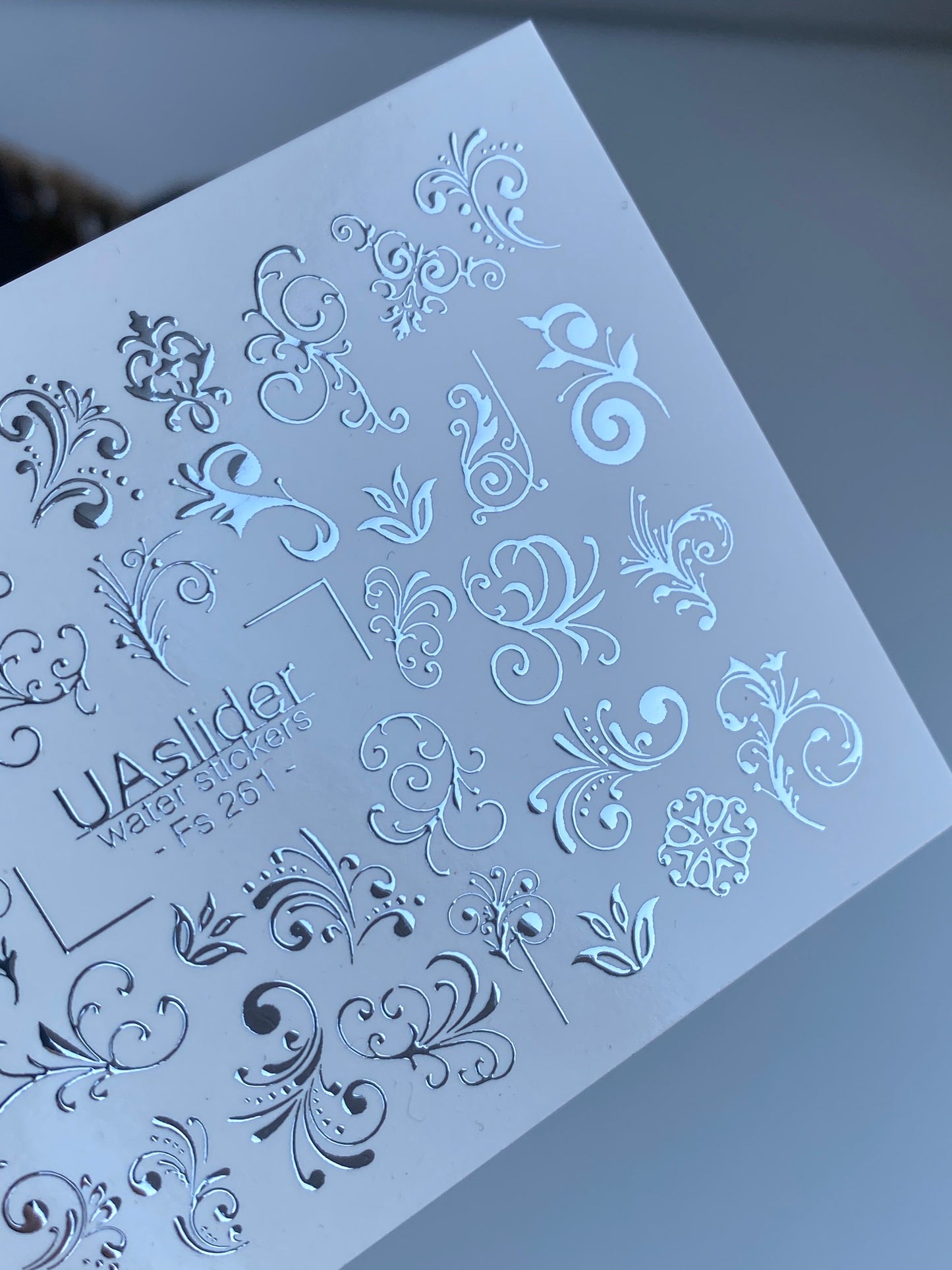 Nail Water Decal Fs-261 | Ornamental Water Slide Nail Decals | Silver Foil Vintage Swirls & Flourishes
