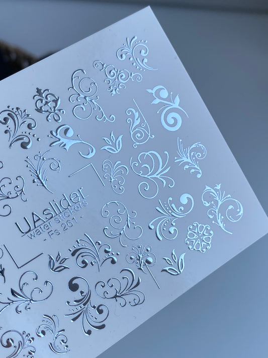 Nail Water Decal Fs-261 | Ornamental Water Slide Nail Decals | Silver Foil Vintage Swirls & Flourishes