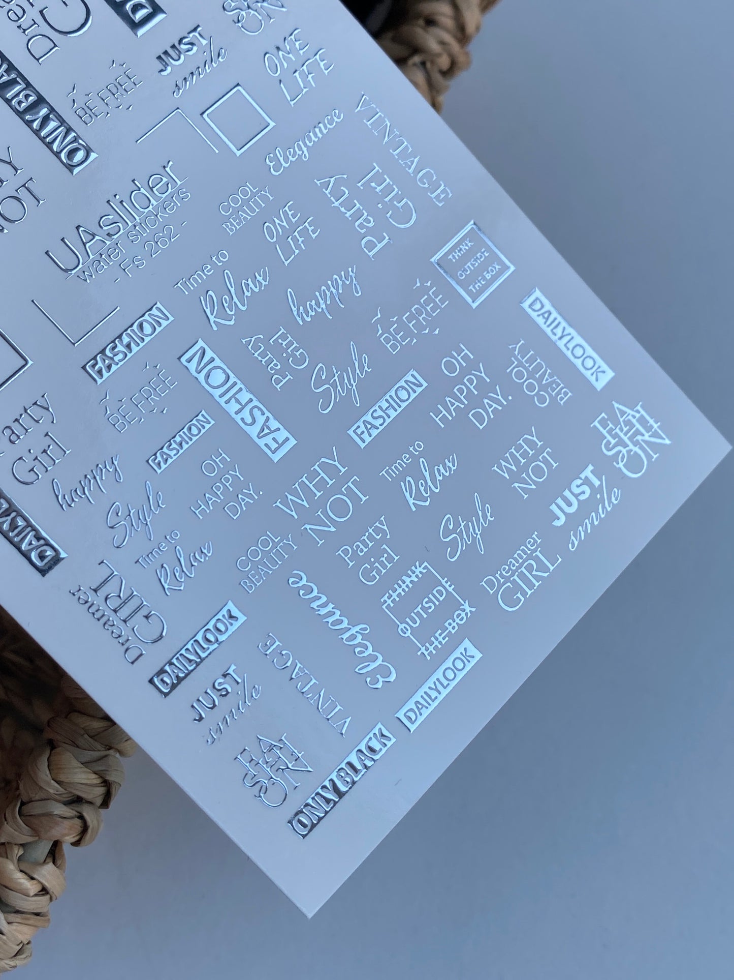 Nail Water Decal Fs-262 | Fashion Text Water Slide Nail Decals | Silver Foil Words & Trendy Phrases