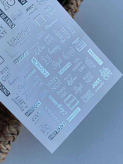 Nail Water Decal Fs-262 | Fashion Text Water Slide Nail Decals | Silver Foil Words & Trendy Phrases