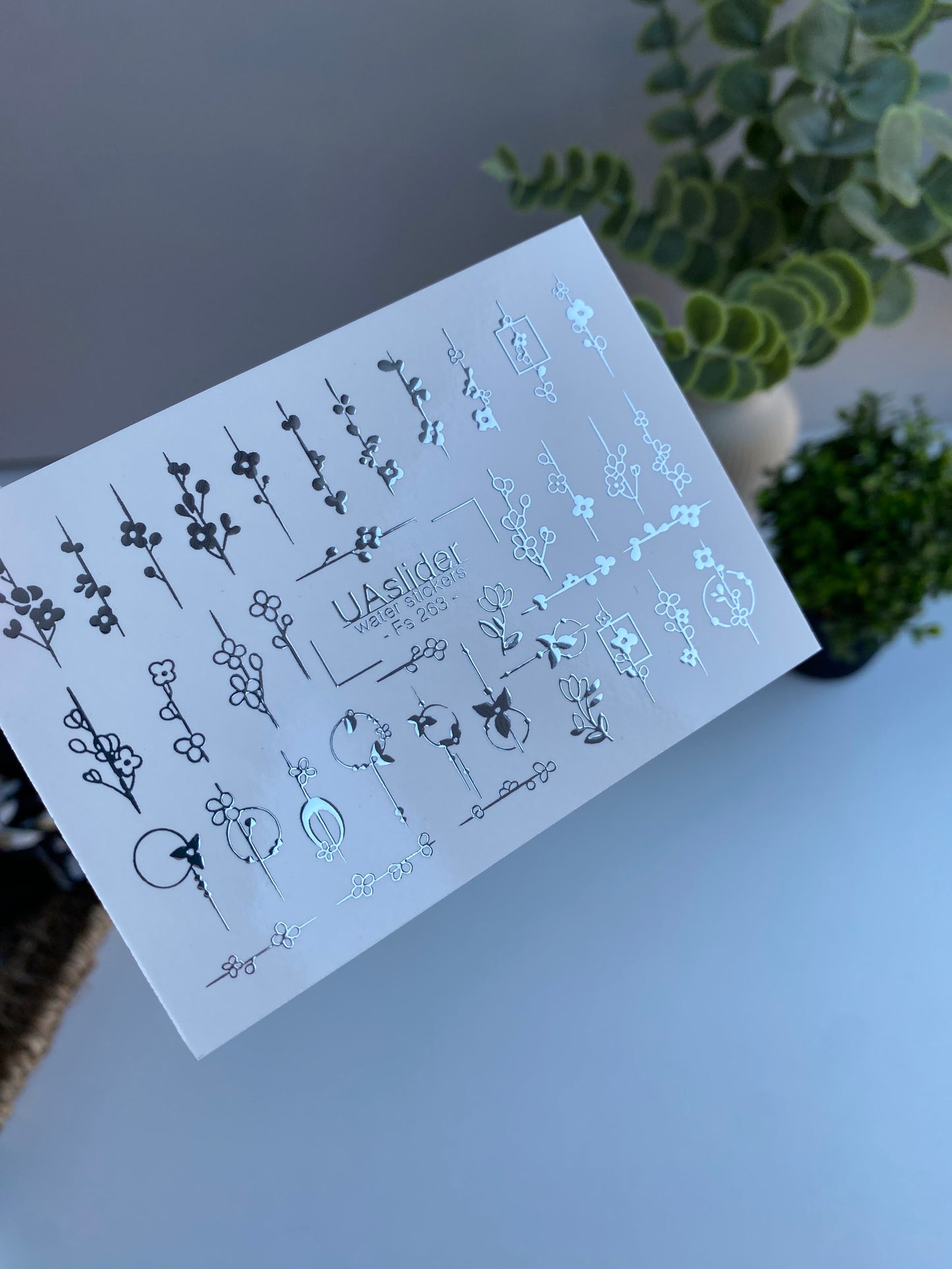 Nail Water Decal Fs-263 | Floral Water Slide Nail Decals | Silver Foil Minimalist Flowers & Branches