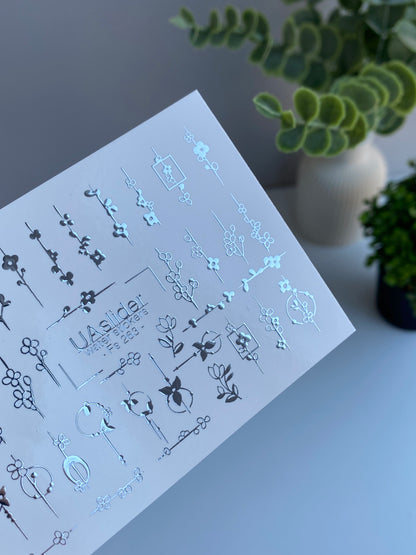 Nail Water Decal Fs-263 | Floral Water Slide Nail Decals | Silver Foil Minimalist Flowers & Branches