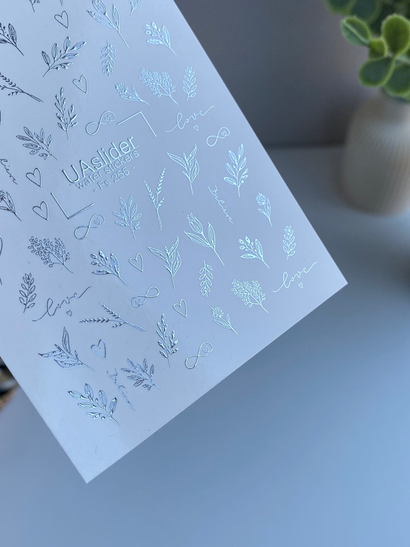 Nail Water Decal Fs-255 | Romantic Water Slide Nail Decals | Silver Foil Leaves, Hearts & Words - UASLIDER