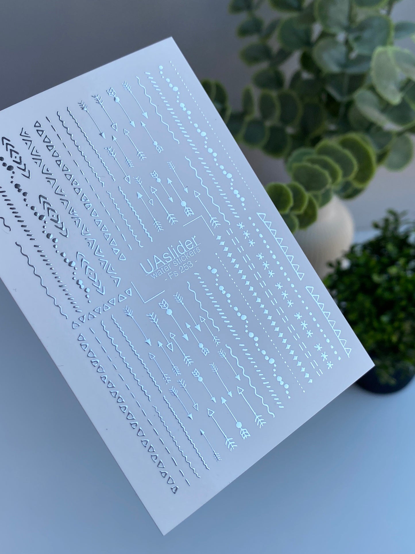 Nail Water Decal Fs-253 | Line Water Slide Nail Decals | Silver Foil Arrows & Geometric Patterns