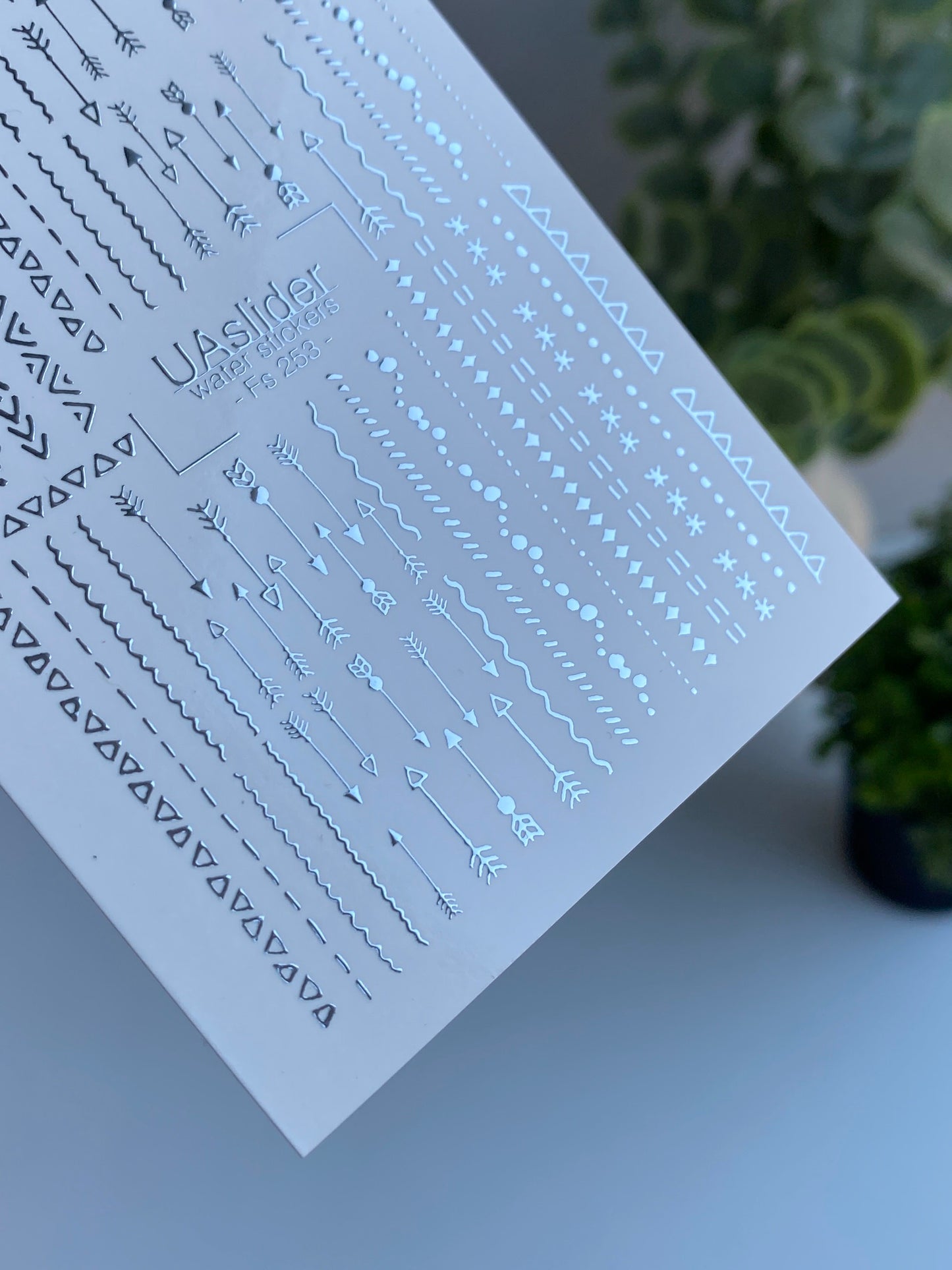 Nail Water Decal Fs-253 | Line Water Slide Nail Decals | Silver Foil Arrows & Geometric Patterns