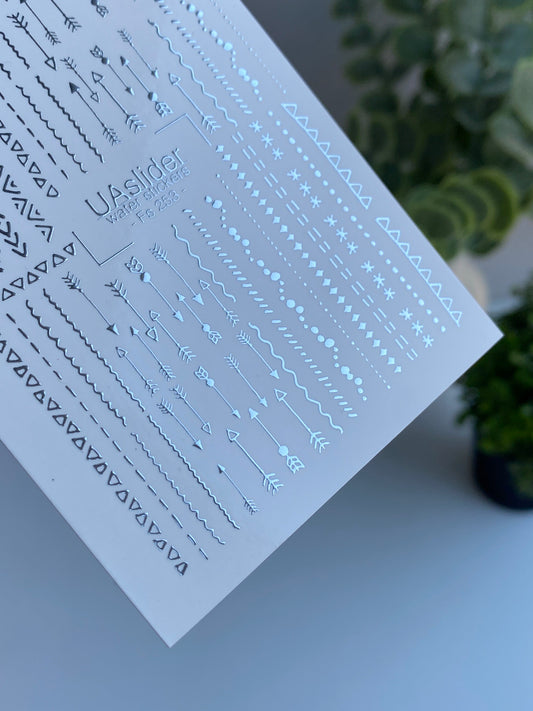 Nail Water Decal Fs-253 | Line Water Slide Nail Decals | Silver Foil Arrows & Geometric Patterns