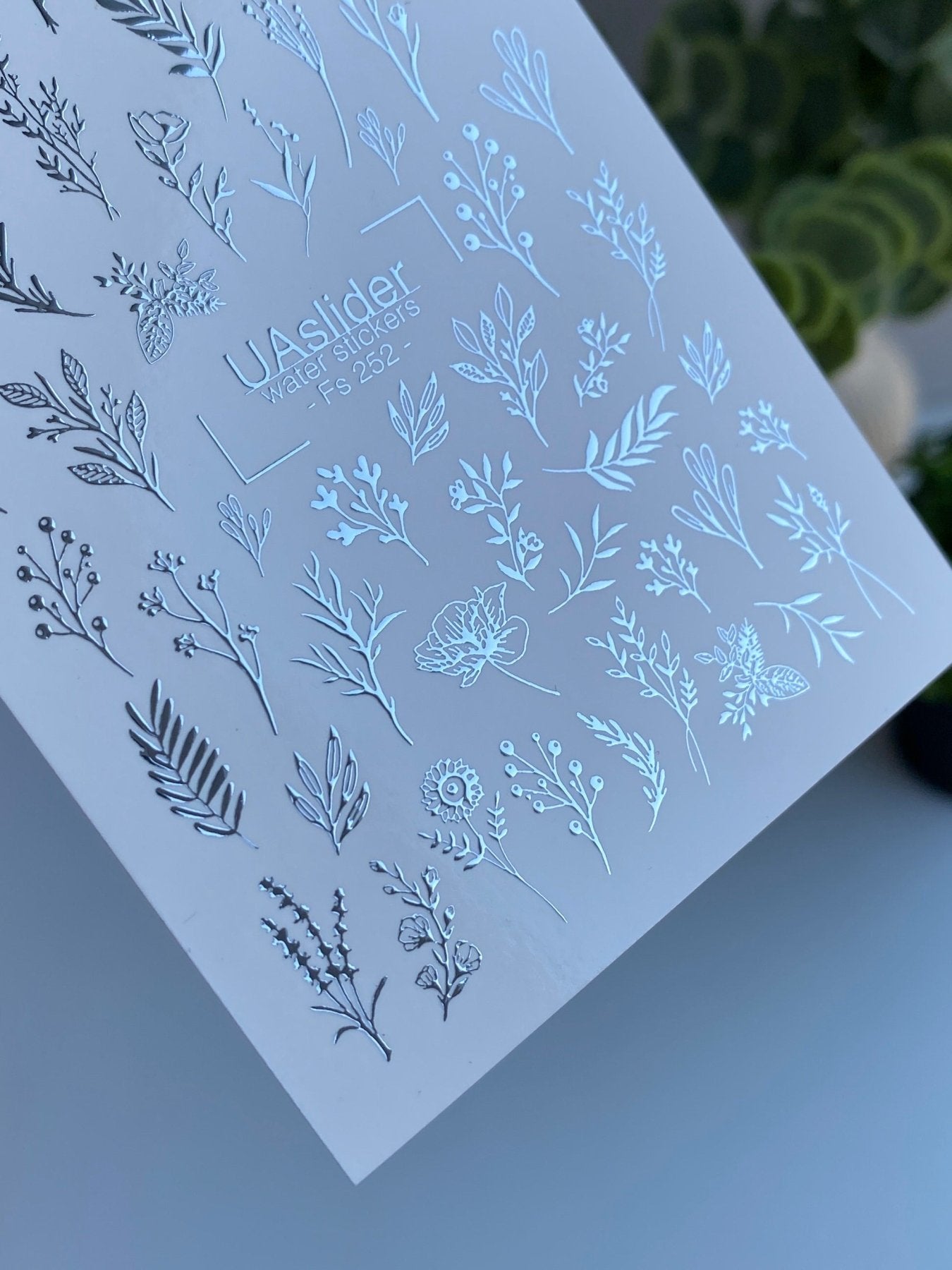 Nail Water Decal Fs-252 | Botanical Water Slide Nail Decals | Silver Foil Leaves & Wildflowers - UASLIDER