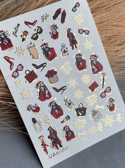 Nail Water Decal CF-065 | Christmas Fashion Nail Water Decals | Retro Girl, Santa Outfit, Beauty Accessories and Gifts
