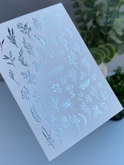 Köröm víz matrica Fs-252 | Botanikai vízcsúsztatós köröm matricák | Ezüst fólia levelek és vadvirágok