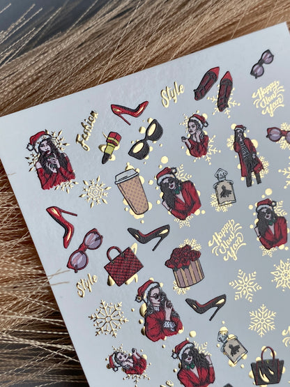 Nail Water Decal CF-065 | Christmas Fashion Nail Water Decals | Retro Girl, Santa Outfit, Beauty Accessories and Gifts