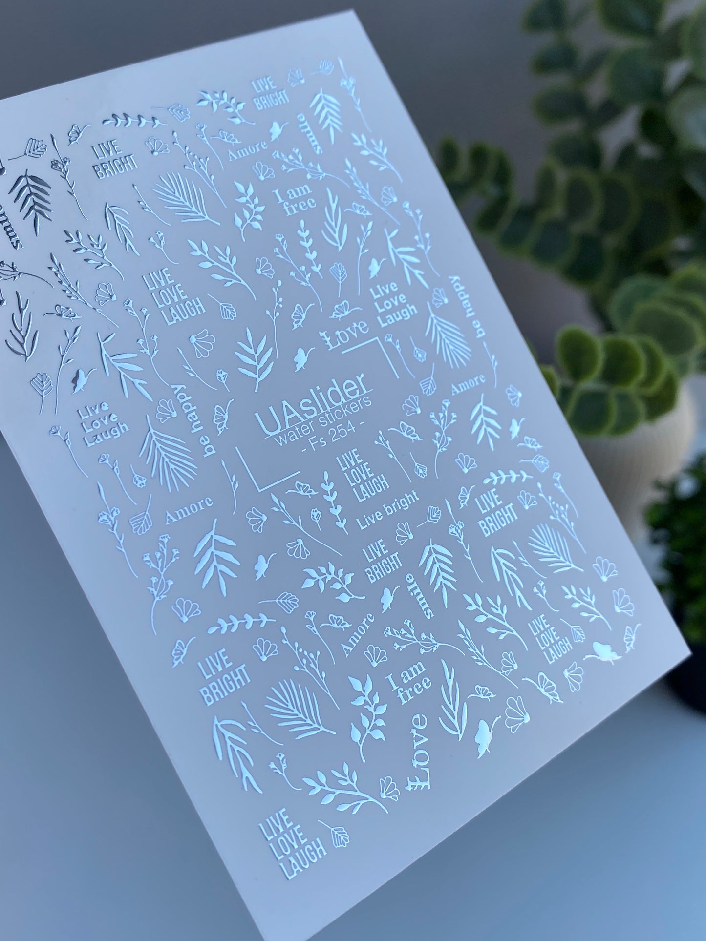 Nail Water Decal Fs-254 | Inspirational Water Slide Nail Decals | Silver Foil Words & Botanical Accents