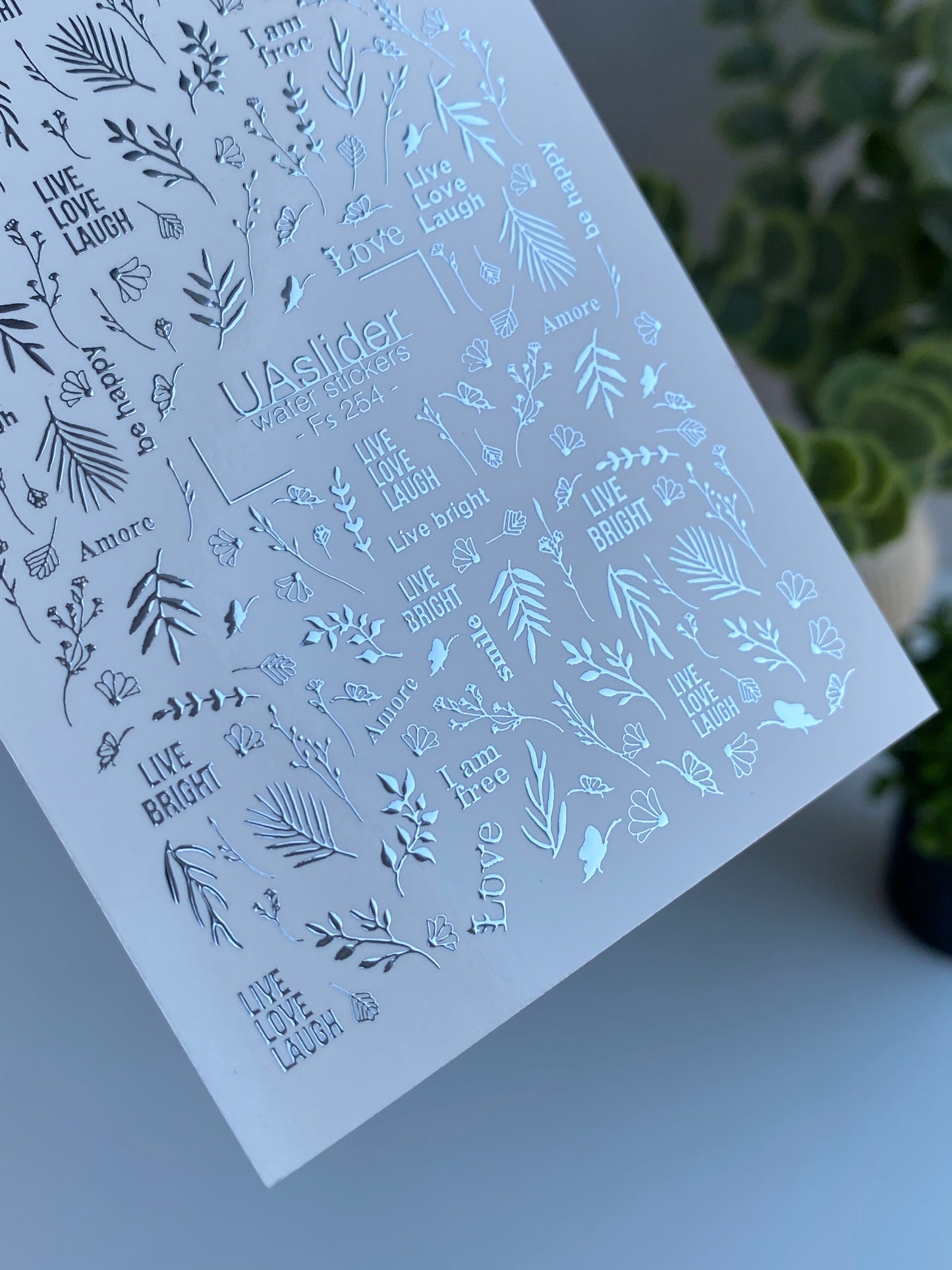 Nail Water Decal Fs-254 | Inspirational Water Slide Nail Decals | Silver Foil Words & Botanical Accents