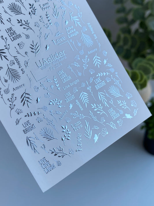 Nail Water Decal Fs-254 | Inspirational Water Slide Nail Decals | Silver Foil Words & Botanical Accents