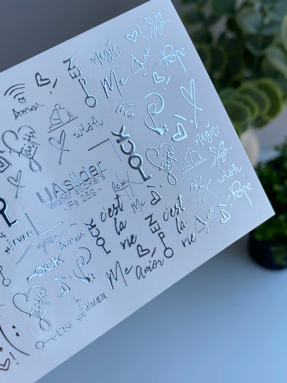 Naklejki na paznokcie wodne Fs-259 | Naklejki do paznokci z napisem do zmywania wodą | Srebrne folie słowa, klucze i serca