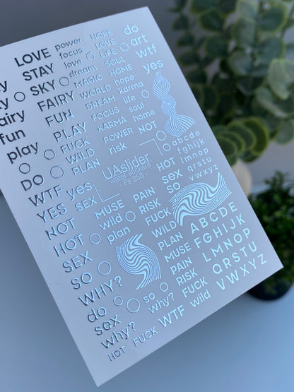 Nail Water Decal Fs-256 | Text Water Slide Nail Decals | Silver Foil Words, Letters & Minimalist Art