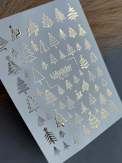 Nail Water Decal Fg-122 | Water Slide Nail Decals with Gold Christmas Trees | Festive Winter