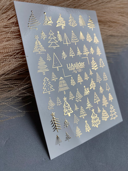 Nail Water Decal Fg-122 | Water Slide Nail Decals with Gold Christmas Trees | Festive Winter