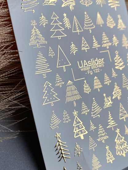 Nail Water Decal Fg-122 | Water Slide Nail Decals with Gold Christmas Trees | Festive Winter