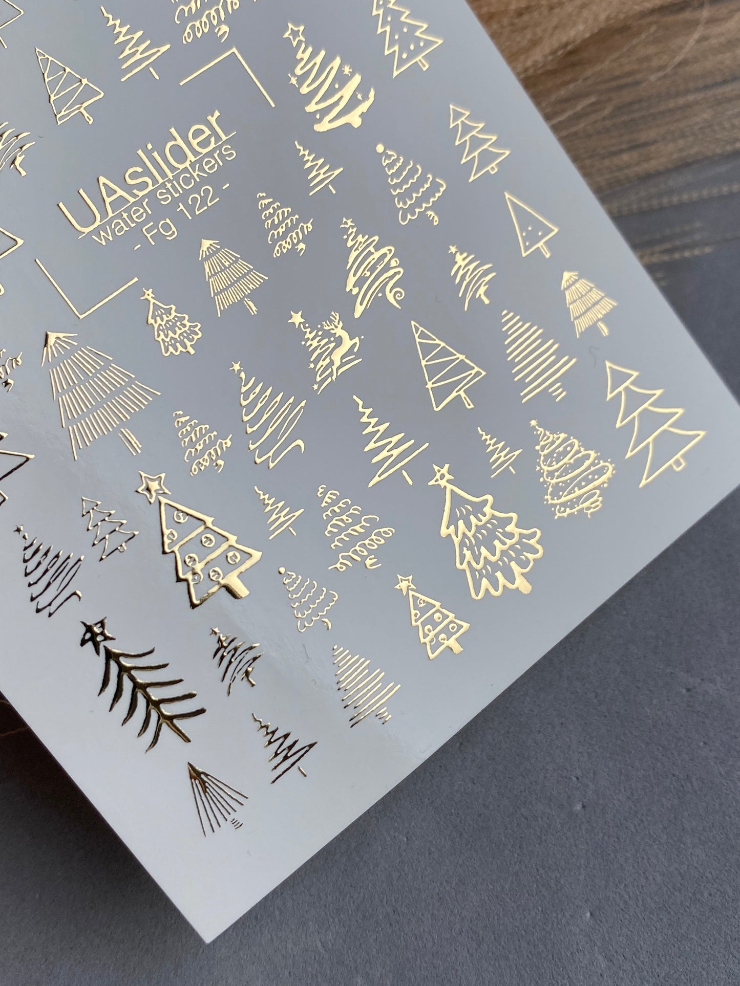 Nail Water Decal Fg-122 | Water Slide Nail Decals with Gold Christmas Trees | Festive Winter