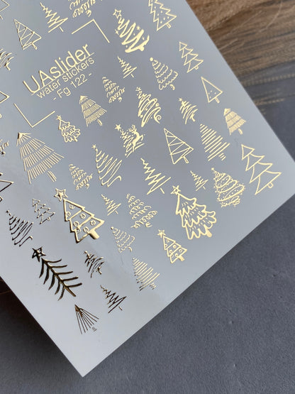 Nail Water Decal Fg-122 | Water Slide Nail Decals with Gold Christmas Trees | Festive Winter