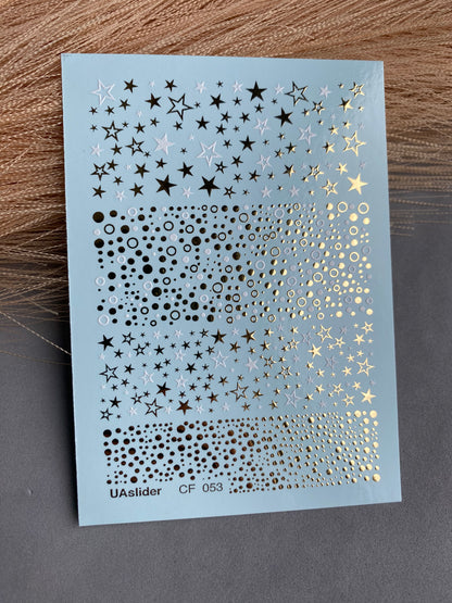 Nail Water Decal CF-053 | Star and Dot Nail Water Decals | Black, Gold & Silver Patterns
