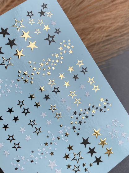 Nail Water Decal CF-052 | Star Nail Water Decals | Black, Gold & Silver Star Patterns
