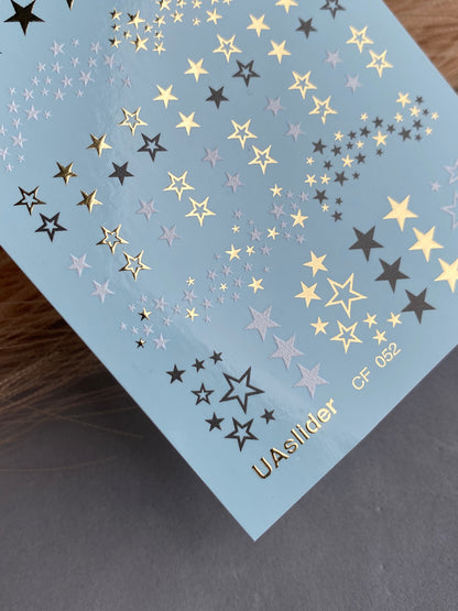 Nail Water Decal CF-052 | Star Nail Water Decals | Black, Gold & Silver Star Patterns