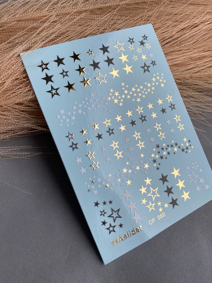 Nail Water Decal CF-052 | Star Nail Water Decals | Black, Gold & Silver Star Patterns