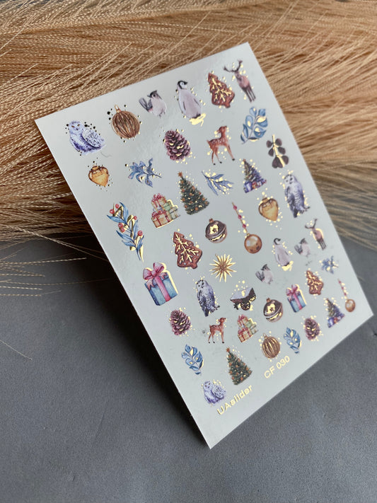 Nail Water Decal CF-030 | Winter Nail Art Stickers, Christmas Animals, Pinecones, Gifts, and Gold Foil Accents