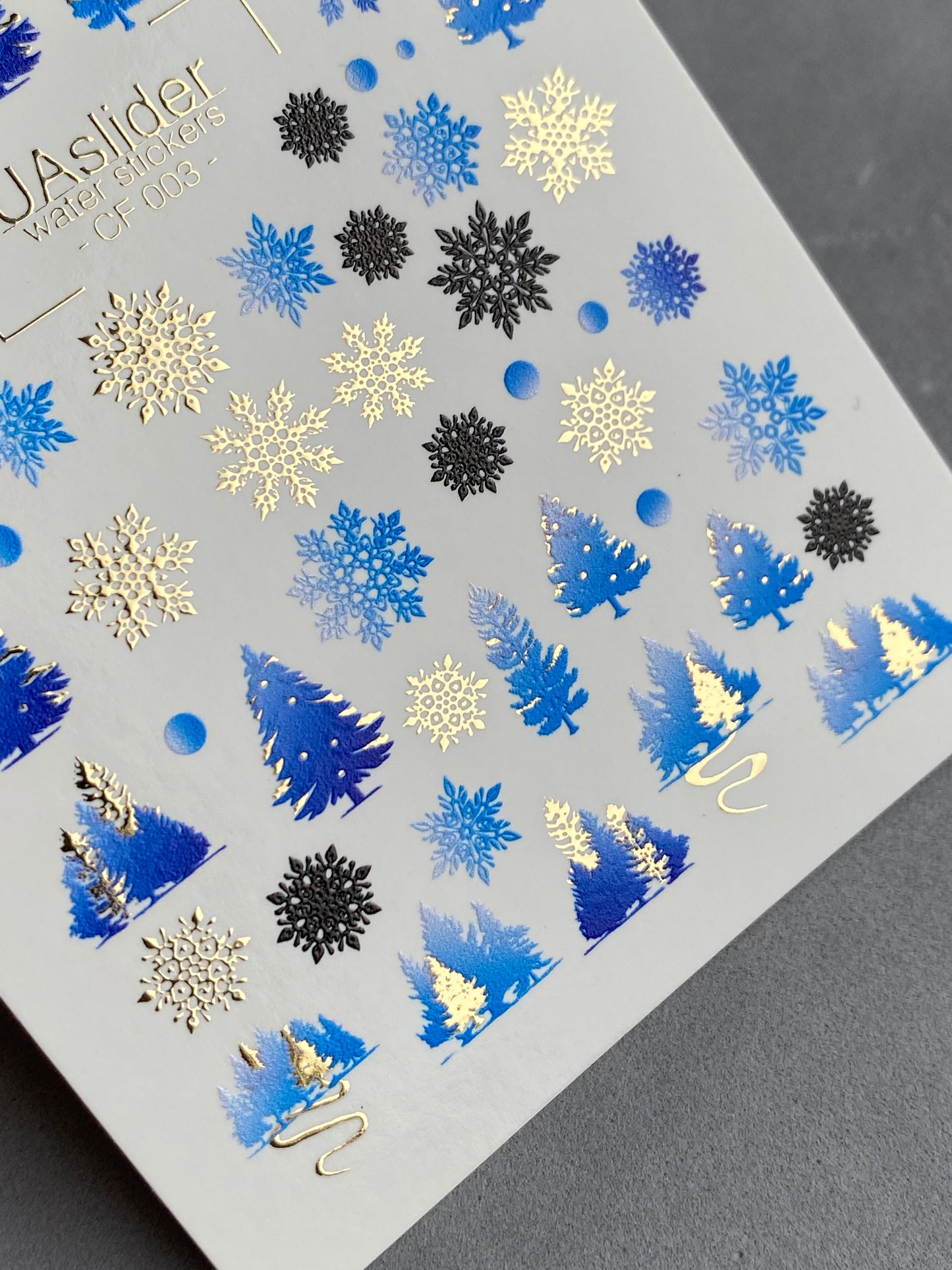 Nail Water Decal CF-003 | Winter Water Slide Nail Decals, Blue Christmas Trees & Snowflakes with Gold Foil