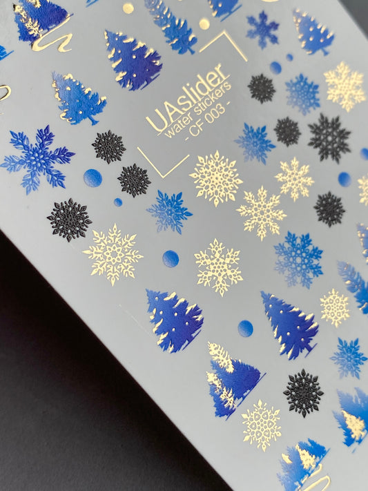 Nail Water Decal CF-003 | Winter Water Slide Nail Decals, Blue Christmas Trees & Snowflakes with Gold Foil