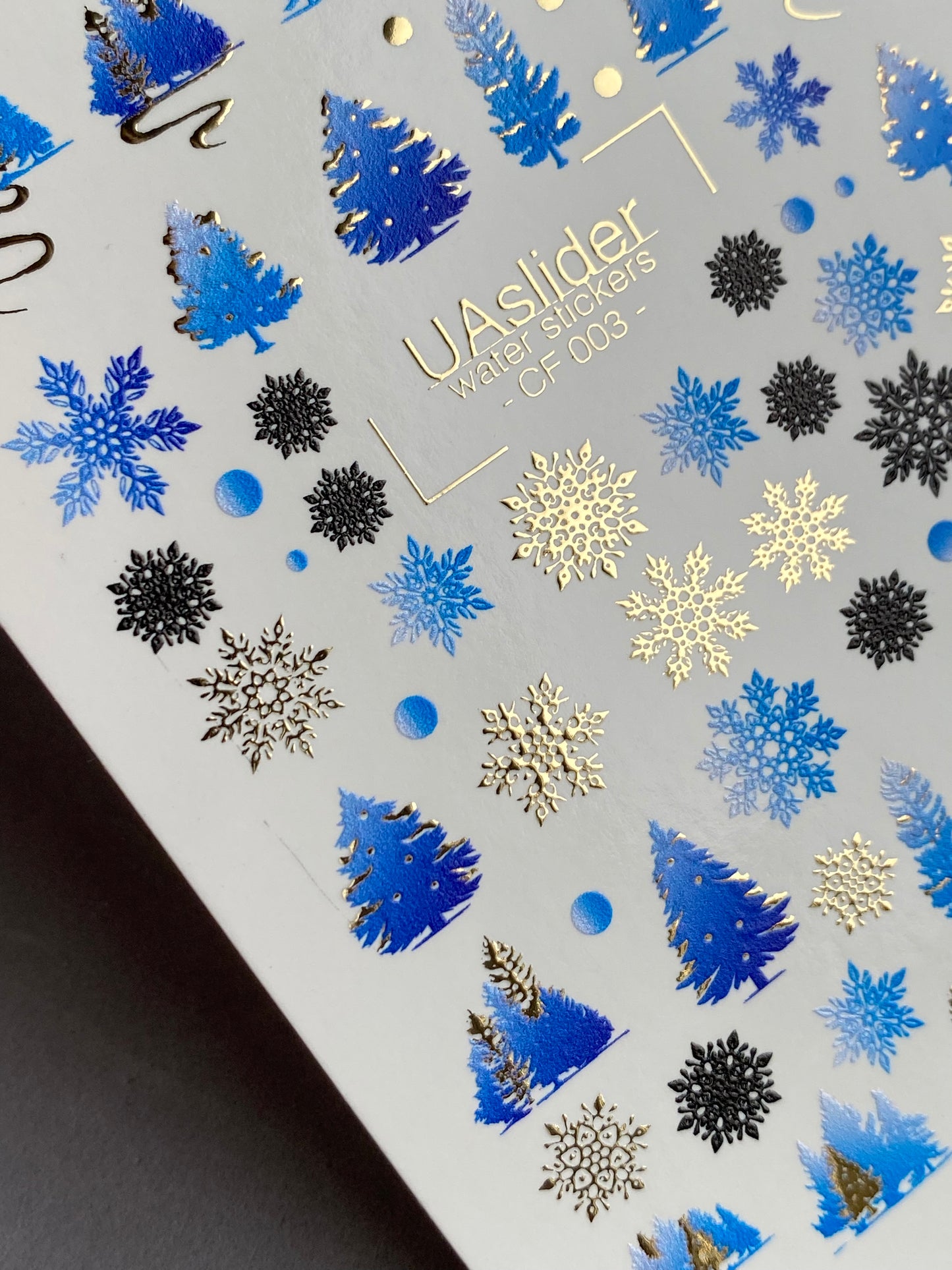 Nail Water Decal CF-003 | Winter Water Slide Nail Decals, Blue Christmas Trees & Snowflakes with Gold Foil